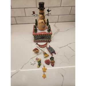 Wooden Snowman Christmas Music Box with Drawer and Interchangeable Charms & Hats